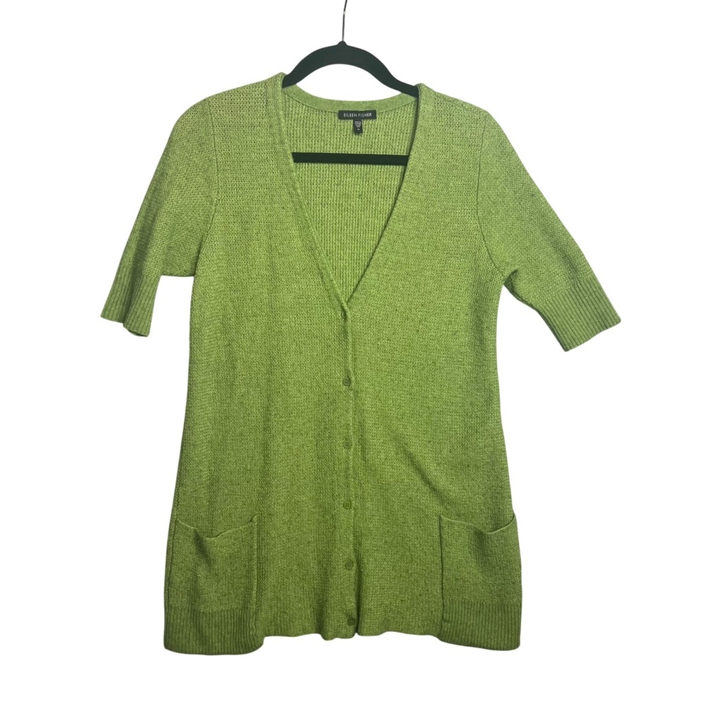 Eileen Fisher Short Sleeve Cardigan Size M Wool Angora Cashmere V Neck Button